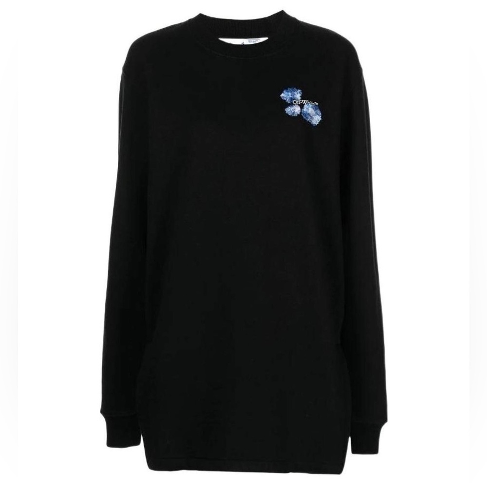 Off-White Sweatshirt Dress with Blue Floral Embroidery